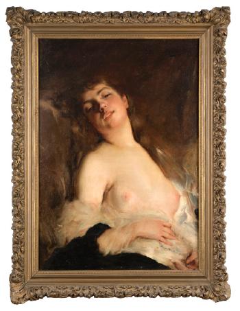Portrait of a partially nude woman by 
																			Marcial Plaza-Ferrand