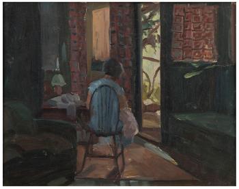 Old Canyon Crest house, Sara Dewey (artist's wife) in their home by 
																			Alfred J Dewey