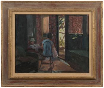 Old Canyon Crest house, Sara Dewey (artist's wife) in their home by 
																			Alfred J Dewey