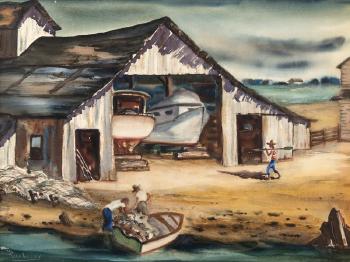 Boathouse with figures by 
																			John Ledden