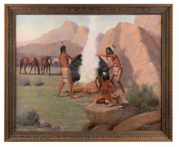 Three Indians in a camp by 
																			Charles Damrow