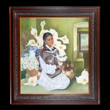 Retrato de mujer con paloma, jarra y alcatraces by 
																	Enrique d'Aoust