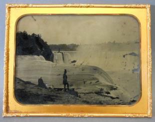 A Man and Woman Viewing Niagara Falls, Taken from the Prospect Point Pavilion by 
																			Platt D Babbitt