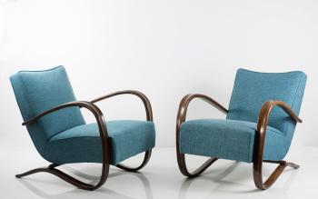 Two H 269 armchairs by 
																			Jindrich Halabala