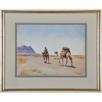 Untitled (Desert Scene with Figure and Two Camels) by 
																	Yervand Nahapetian