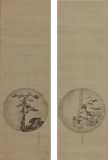 Fukurokuju with Attendant; Landscape by 
																	 Kano Takanobu
