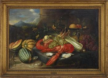 Still life with lobster and fruits by 
																			Alexander Coosemans