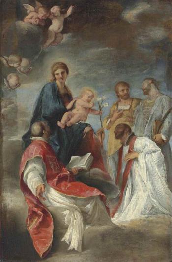 The Madonna and Child with Saints Ignatius of Loyola, Francis Xavier, Cosmas and Damian - a bozzetto by 
																	Andrea Sacchi