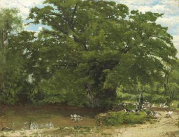 Goose girl and flock in a wooded river landscape by 
																	Alfred Garcement