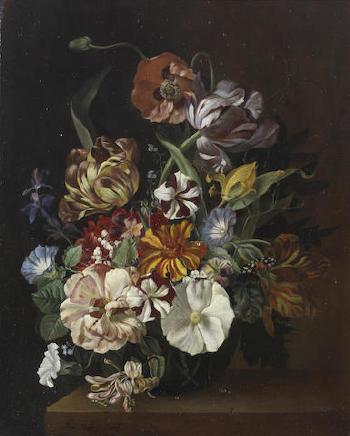 Poppies, tulips, convolvulus and other flowers in a vase on a stone ledge by 
																	Jos Sztroynoy