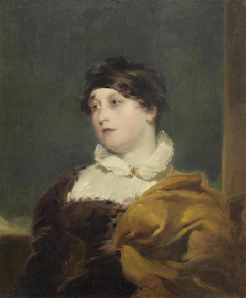 Portrait of a lady, half-length, in a maroon dress and gold shawl by 
																	George Henry Harlow