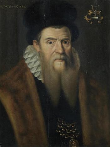 Portrait of a bearded gentleman, half-length, in a fur-trimmed coat and a gold chain by 
																	Nicolas Neufchatel