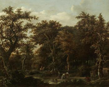 A wooded landscape with a traveller watering his horse at a stream by 
																	Jan de Lagoor