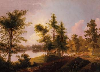 Landscape with pine trees and house by 
																			Thomas Doughty