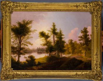 Landscape with pine trees and house by 
																			Thomas Doughty