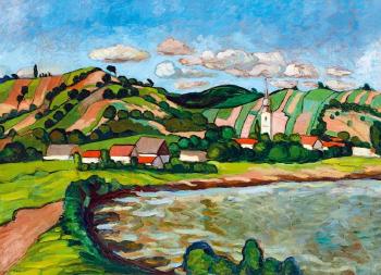 Landscape with hills and houses by 
																	Bela Balla