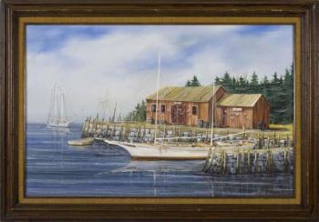 Coastal scene with sailboats and boathouse by 
																			James W Maddocks