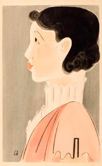 Portrait of a woman in a peach-colored dress by 
																			Toshio Ofude