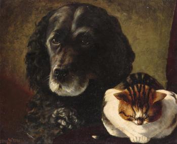 Study of a retriever and a cat by 
																	Eugenie M Valter