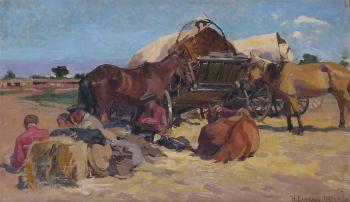 Soldiers resting with livestock by 
																	Nicolai Samokich