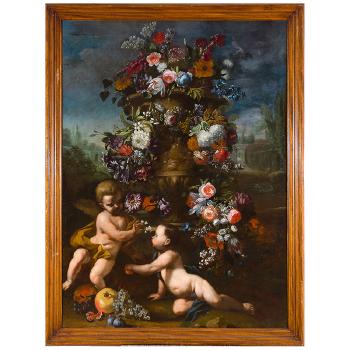 Vaso di fiori con due putti e frutti by 
																	Karel van Vogelaer