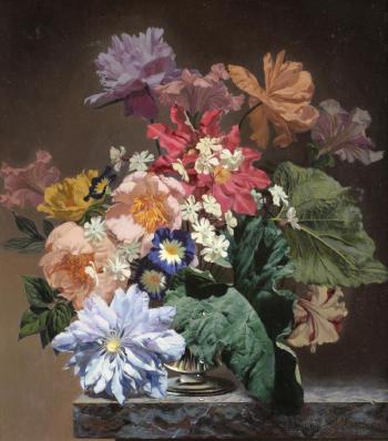Still life of clematis, peonies and nicotiana in a vase on a marble ledge by 
																			Bennett Oates