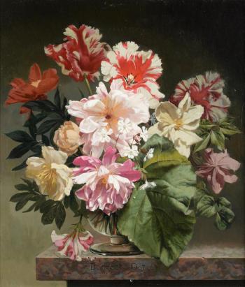 Still life of tulips, clematis and roses in a glass vase on a marble ledge by 
																	Bennett Oates