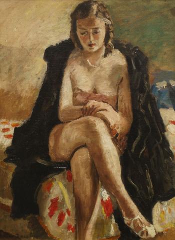 Portrait of a seated woman in a fur coat; Seated woman by 
																	Adrian Daintrey