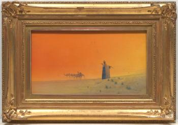 Orientalist desert landscape with figures and camels by 
																			Raffaele Mainella