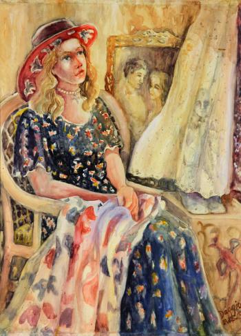 Seated lady with hat by 
																			Judith Dazzio