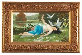 Recumbent Nude with Doves by a Lake by 
																			H Waldek