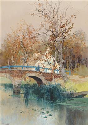 Autumn Day: A Bridge with a Blue Railing by 
																			Franz Kopallik