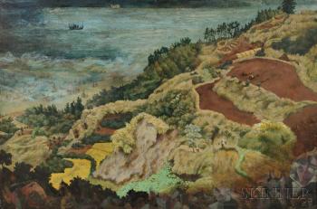 Landscape in an aerial view, with farmers on field and a boat in sea by 
																			Kunio Makino