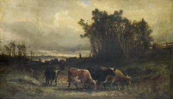 Untitled (Cow Herd in Pastoral Landscape) by 
																	Edward M Bannister
