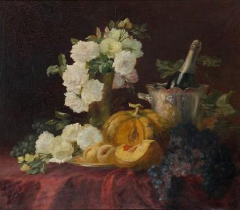 Still life with white roses, pumpkin, grapes and champagne bottle in an ice bucket by 
																	Edward van Ryswyck