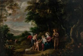 Resting Holy Family during the flight to Egypt with baby John the Baptist and angel by 
																	Pieter van Avont
