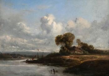 River view with moored boats and farm by 
																	Joseph Quinaux