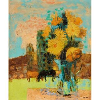 Landscape with vase of flowers and horses in distance by 
																	Noe Canjura