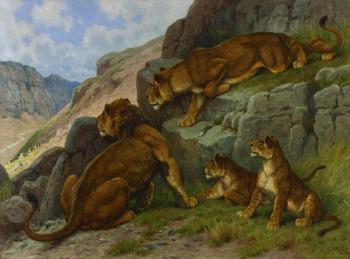 Famille de lions dans les montagnes by 
																	Georges Frederic Rotig