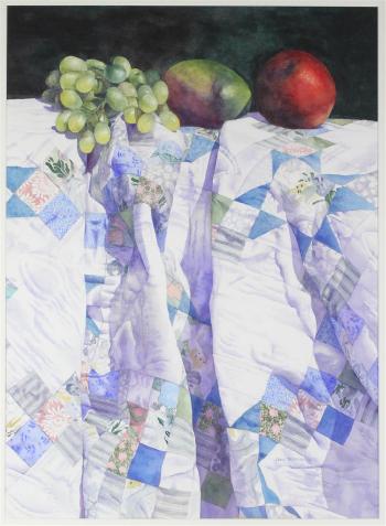 Still life of fruits on a quilt by 
																			Chris Krupinski