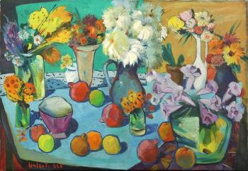 Flowers and fruit on a blue table by 
																			Harutyun Kalents