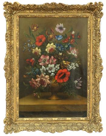 Still life of flowers in a gold bowl by 
																			Jan Van Doust