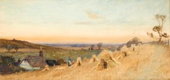 Landschaft im Abendlicht mit Bäuerinnen beim Heubinden by 
																	Adelaide L Haslegrave