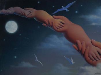 Surreal depiction of clasped hands, doves and a full moon by 
																			Don Punchatz