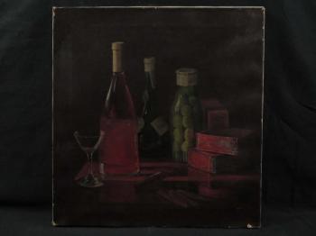 Wooden table top with two large liquor bottles, a wine glass, a bottle of olives, and tins as well as loose cigars by 
																			Jonas Joseph la Valley