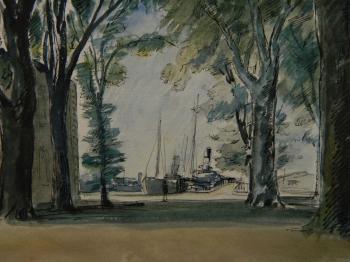 Landscape trees with ships at dock by 
																			Raoul Domenjoz
