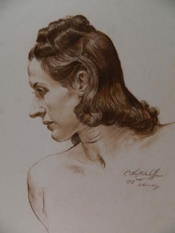 Portrait dark haired woman by 
																			Constantin Westchiloff