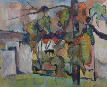 Landscape with Houses and Donkey by 
																	Piet Kannemeyer