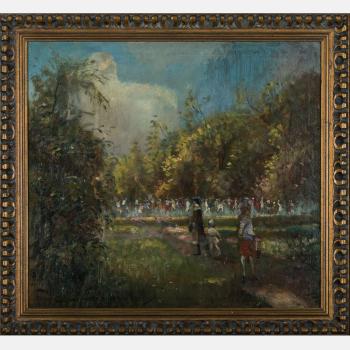 Park scene with figures by 
																			Arpad Balint