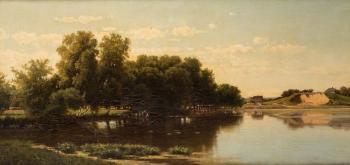 A River Landscape with a Washerwoman, 1872 by 
																			Ljeff Kameneff